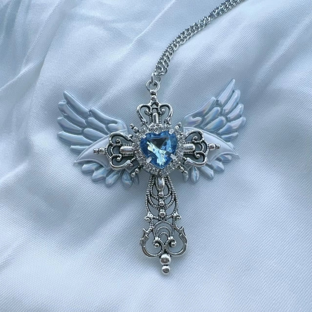 Cross Pendant Necklace with Heart Crystal