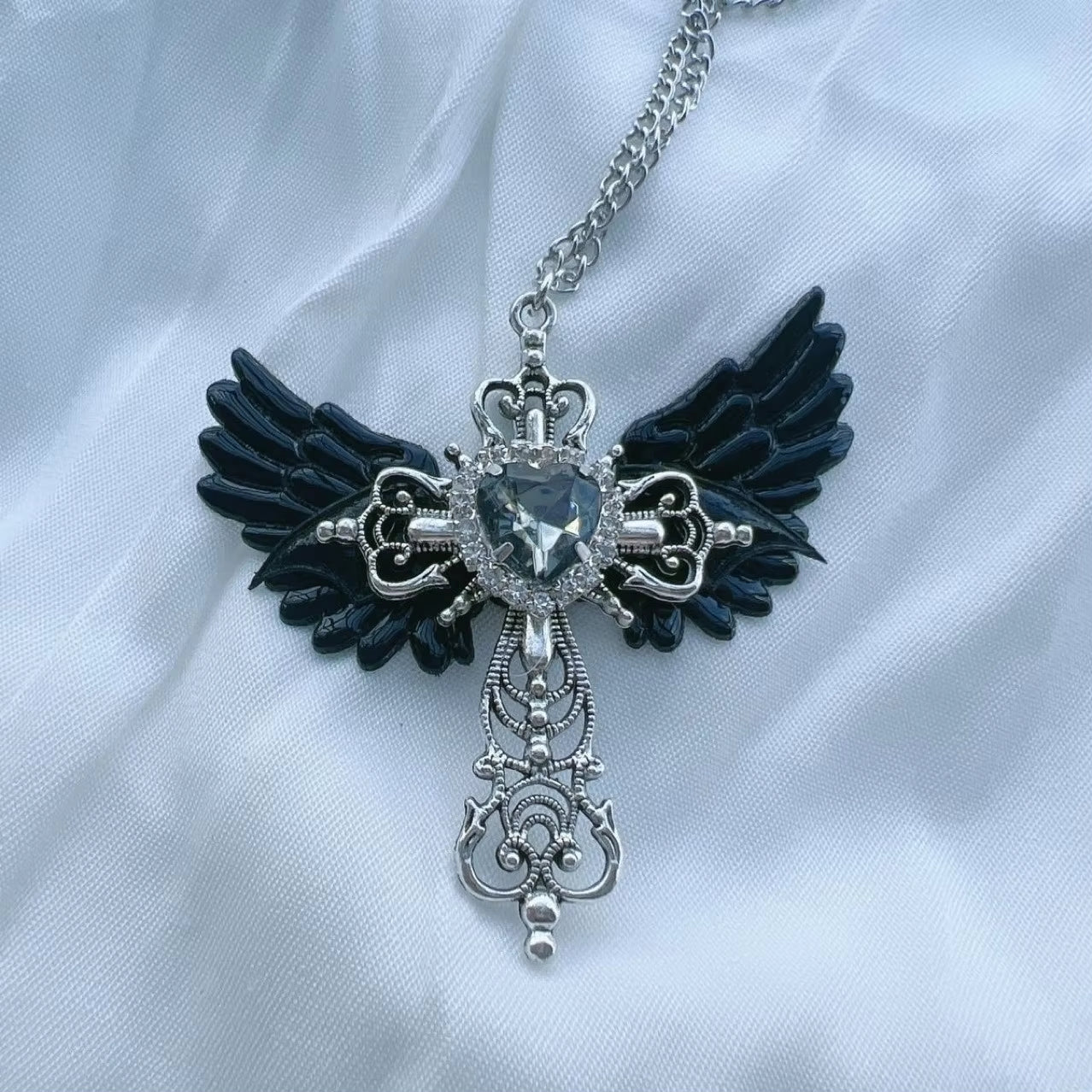 Cross Pendant Necklace with Heart Crystal